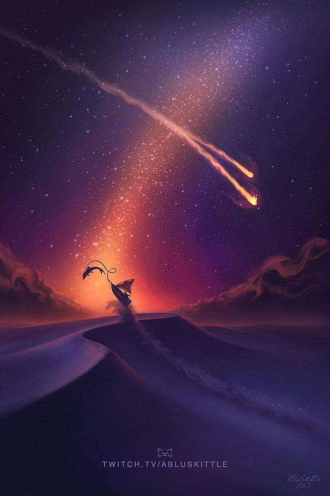 Digital painting / illustration drawn with Krita by ABluSkittle: 

A purple night sky with a burst of orange and red. Filled with stars. 2 comets falling through the sky as a boat sails across the sand being pulled by a dolphin. A sand dolphin. Yes. You read that right. 

Painted live on: Twitch.tv/ABluSkittle
Human art (No AI)