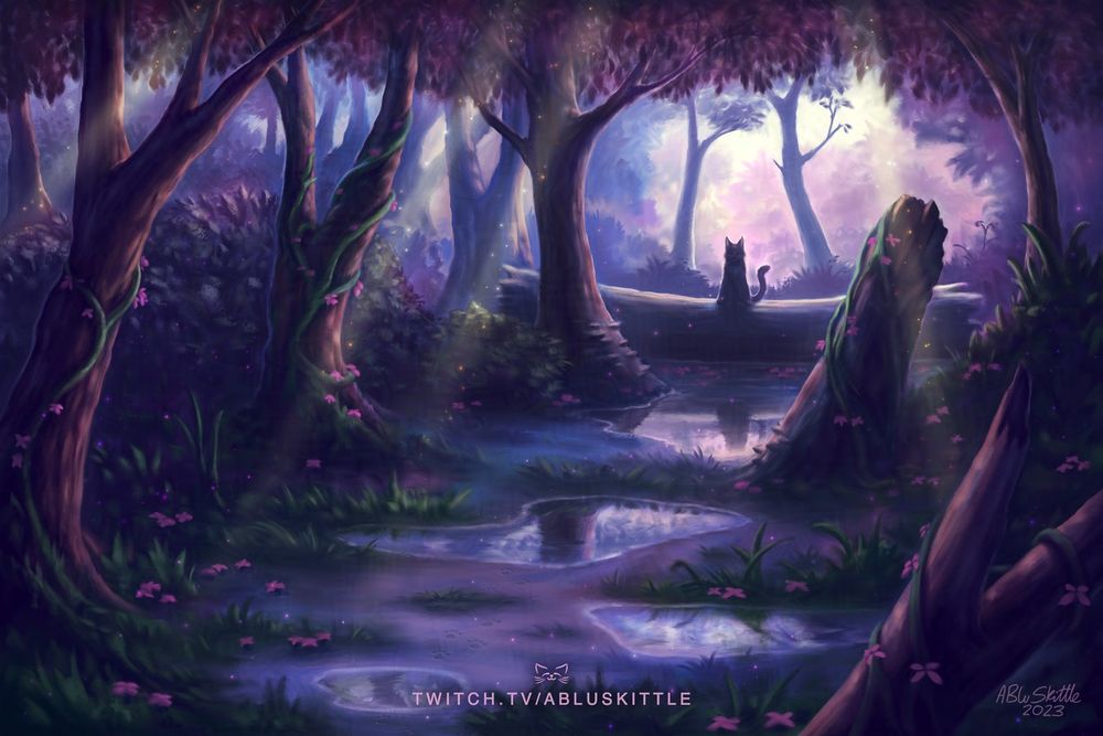 Digital painting / illustration drawn with Drawpile and Krita by ABluSkittle: 

A purple forest with puddles of water along a pathway leading towards a fallen tree trunk and a cat sat on top. Light streams in through the tree canopy above.

Painted live on: Twitch.tv/ABluSkittle
Human art (No AI)