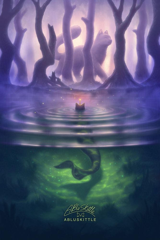 Digital painting / illustration drawn with Krita by ABluSkittle: 

A cat-fish-unicorn-thing peaks above the surface of the pond water in the misty forest to see 2 cats. 1 small cat with an orb and 1 giant cat walks by behind some trees. 

Painted live on: Twitch.tv/ABluSkittle
Human art (No AI)