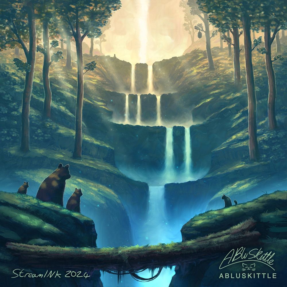 Digital painting / illustration drawn with  Rebelle 7 and Krita by ABluSkittle: 

A cascade of waterfalls on a forest mountain hill place. With bright warm light from above cascading to blues at the bottom. 3 bears and a cat sit in the foreground. Light shines through the trees above. A mossy tree log bridges the gap in the foreground too.

Painted live on: Twitch.tv/ABluSkittle
Human art (No AI)
