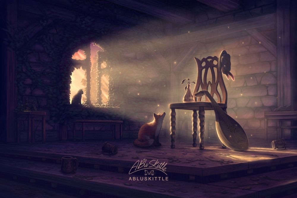 Digital painting / illustration drawn with Krita by ABluSkittle: 

In an old tavern where ivy creeps in from the open window. A fox sits on stage beside a large chair with a lute leaning on it. A glass pot of flowers sits on the chair and a hat hanging off the back of the chair. Sunset light streams in from the window illuminating the fox, chair and lute. Old flower stems and petals lay scattered on the stage. A cat also sits by the window.

Painted live on: Twitch.tv/ABluSkittle
Human art (No AI)