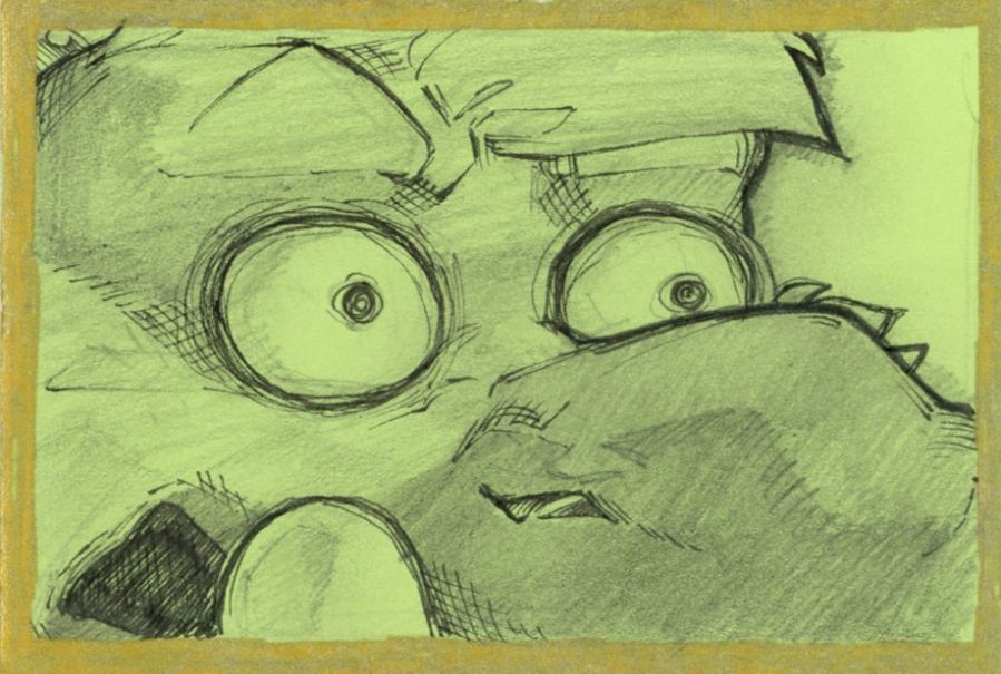 Tiny making a face similar to that of a certain big bad from a certain anime!