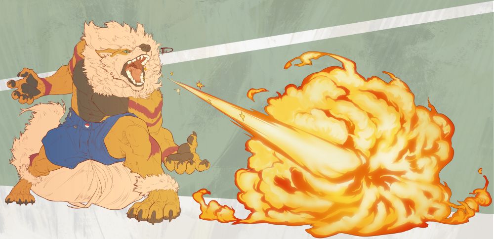Red's Arcanine spouting flames!