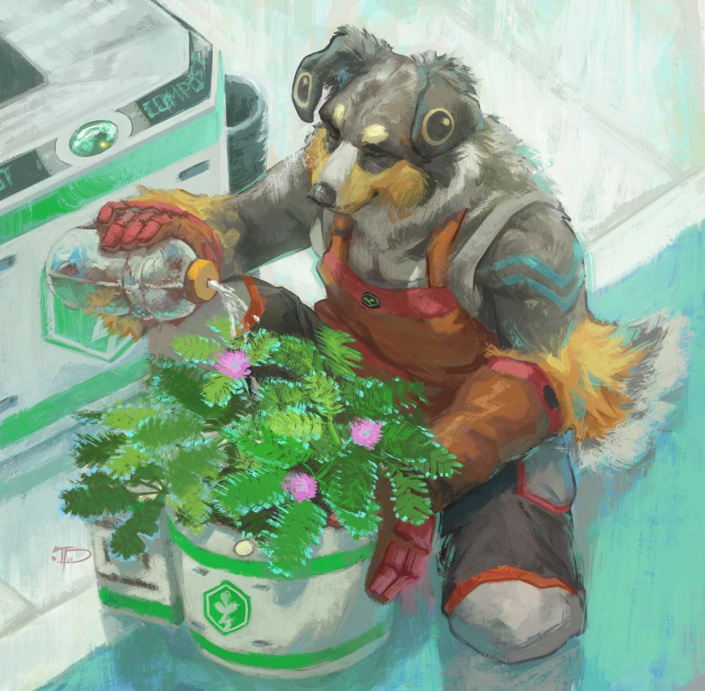 A collie watering techno leaves! The plant is a Mimosa pudica!