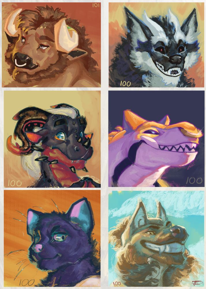 A bunch of headshots done in 100 brushstrokes.