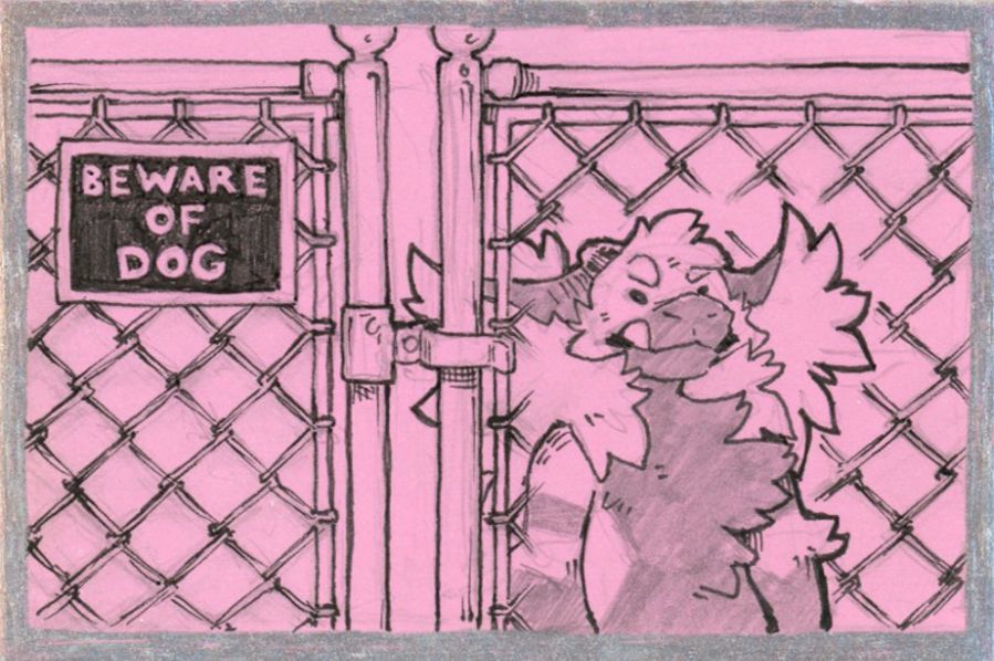 Tiny behind a fence with a sign on it that says "beware of dog."