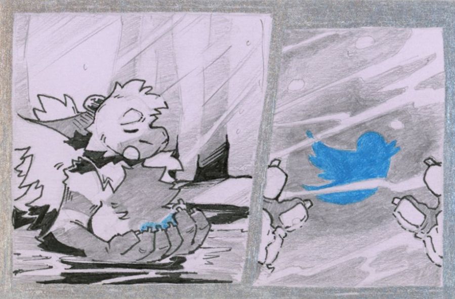 Comic:
Panel 1: Medium shot of Tiny in a pool, with the twitter logo in their hands.
Panel 2: The twitter logo sinking into the pool (spoiler warning) like Aerith from FF7!