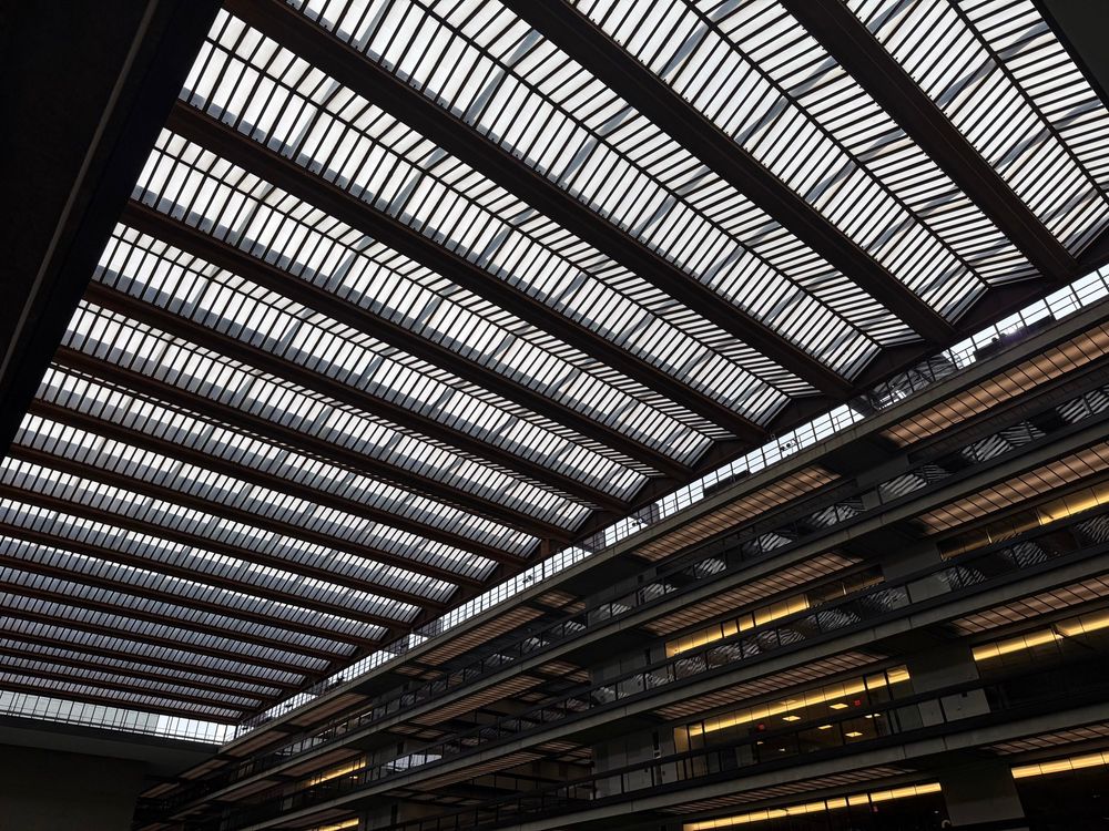 inside view if the office floors walkways of bell works, the building used as Lumon Industries in the show Severance 