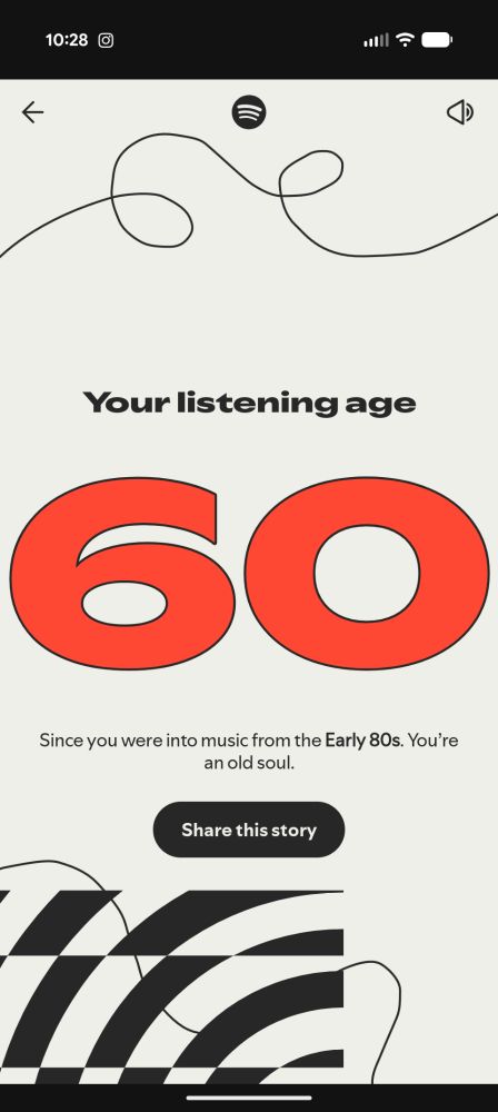 "Your listening age

60

Since you were into music form the Early 80s. You're an old soul."