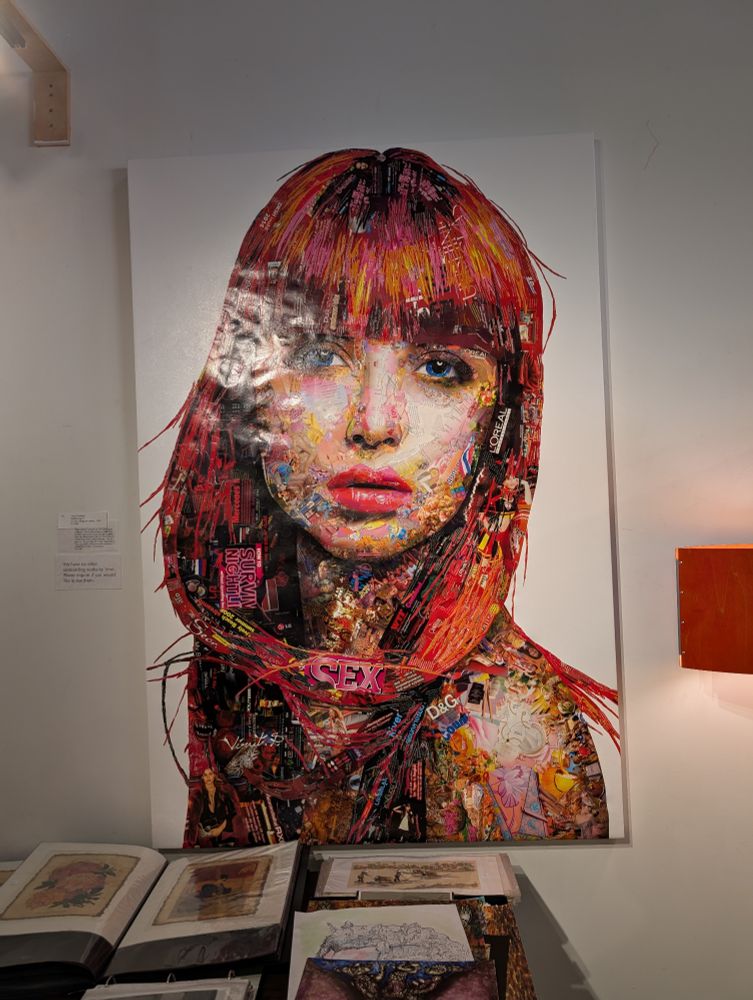 "Redhead Gal II" by Virut, oil and collage on canvas.

A redheaded woman made of oil painting and words cut out from magazines.
