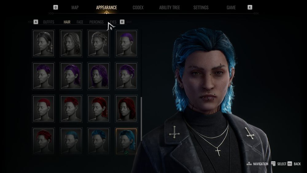 Close up shot of the femme version of the main character with piercings in her brows, nose bridge, both nostrils, a septum piercing, lips, and above her mouth as well as multiple earrings.