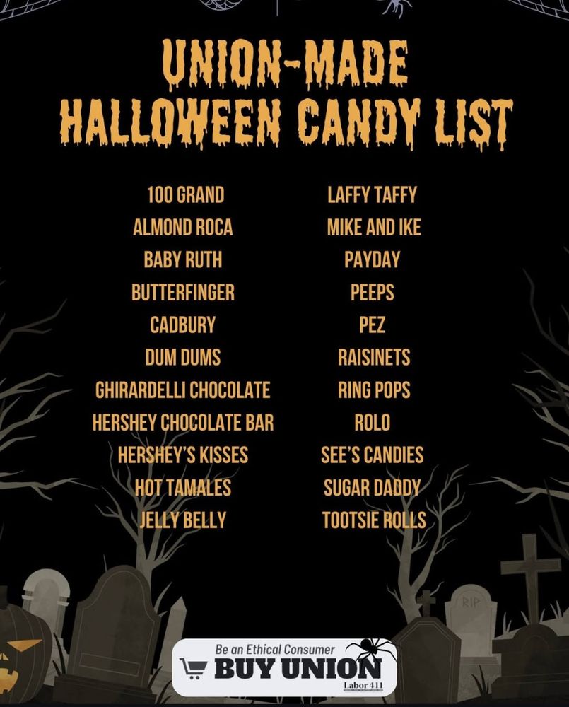 Union-Made Halloween Candy List: 100 Grand, Almond Roca, Baby Ruth, Butterfinger, Cadbury, Dum Dums, Ghirardelli Chocolate, Hershey Chocolate Bar, Hershey's Kisses, Hot Tamales, Jelly Belly, Laffy Taffy, Mike and Ike, Payday, Peeps, Pez, Raisinets, Ring Pops, Rolo, See's Candies, Sugar Daddy, Tootsie Roll
