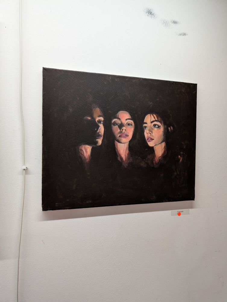 "convene" by Sullivan Clare Williams

Self portrait in three angles in dark shadows. Acrylic on canvas.