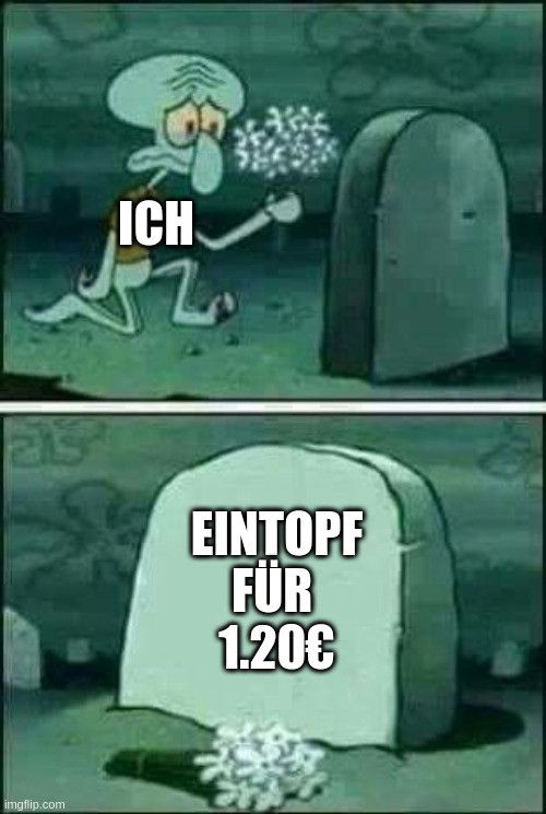 Ich vor einem Grabstein mit der Aufschrift "Eintopf für 1.20€" als Meme Template