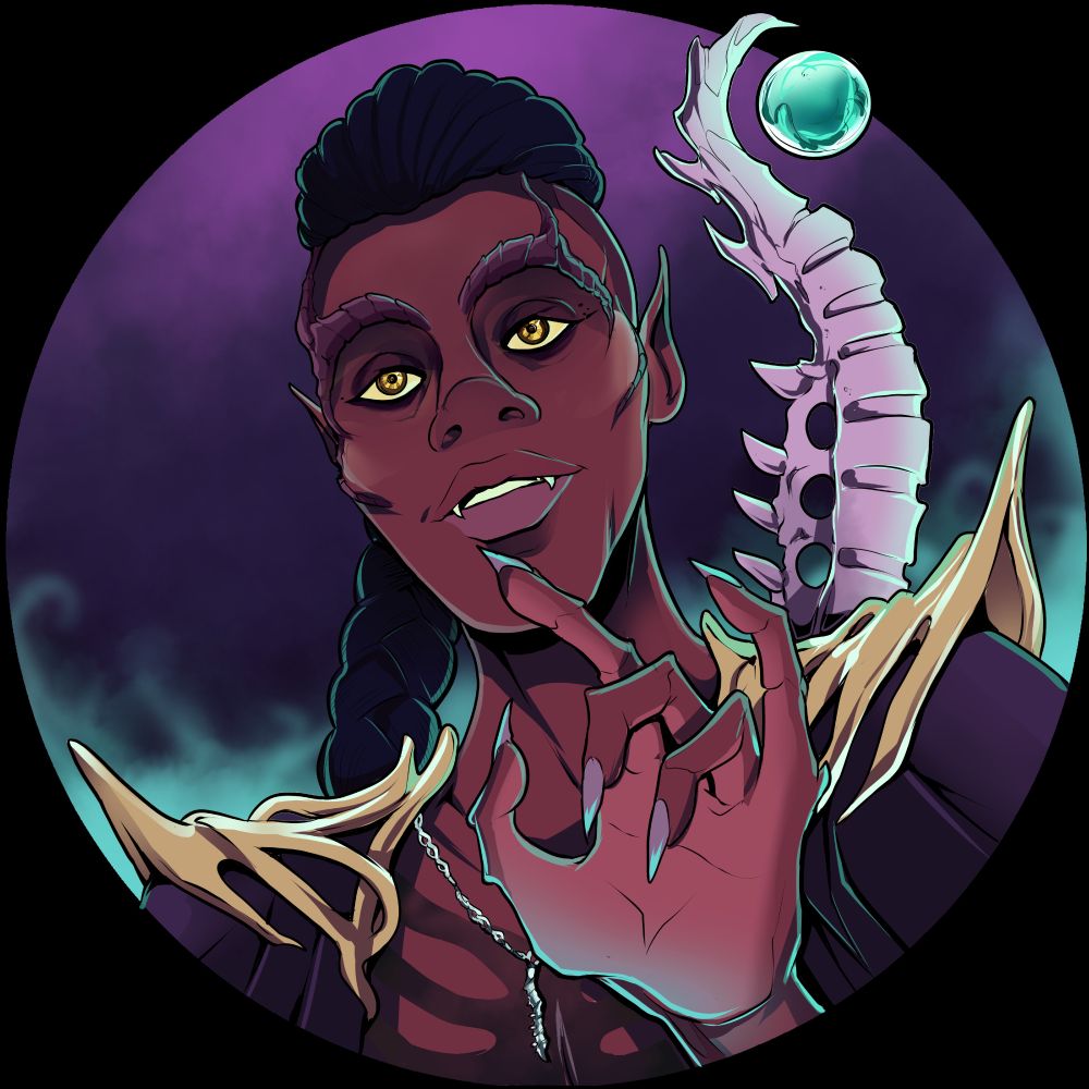 Bust portrait of a necromancer wearing an violet cape with twisted metallic pauldrons, leaving his chest bare, revealing a ribcage tattoo. He has sharp golden eyes, brown skin, a long braid of black hair, sharp nails and bony ridges along his brows. There's a spinal-column-shaped staff across his back.