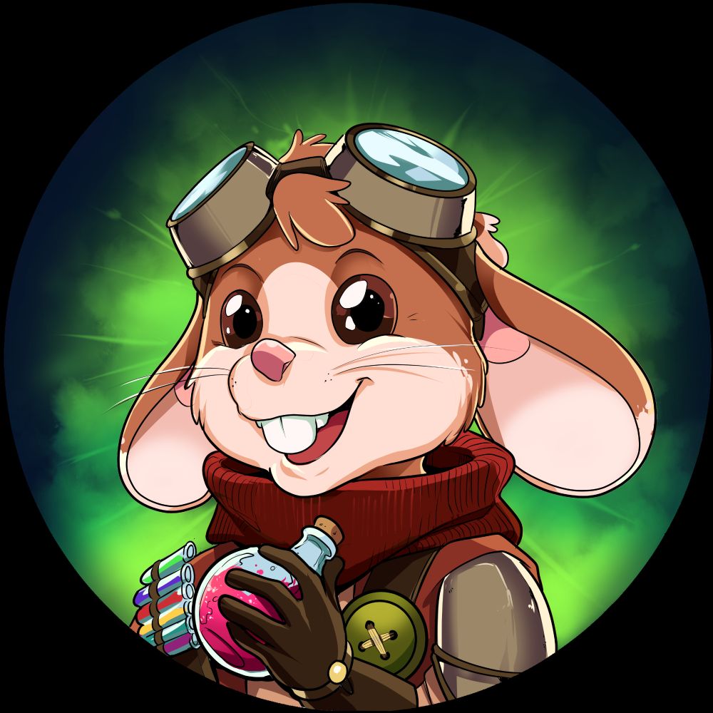 Bust-portrait of an anthropomorphic mouse wearing big chunky goggles and a loose turtleneck under makeshift armor. He has warm, tan fur with lighter patches on the snout and cheeks. He holds a bright pink potion which is most definitely explosive.