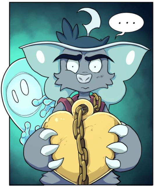 A furry blue fellow with moth wing ears and big clawed mits holds a locket the size of his torso. Behind him a ghostly Visitor reaches over his shoulder to try and touch the locket