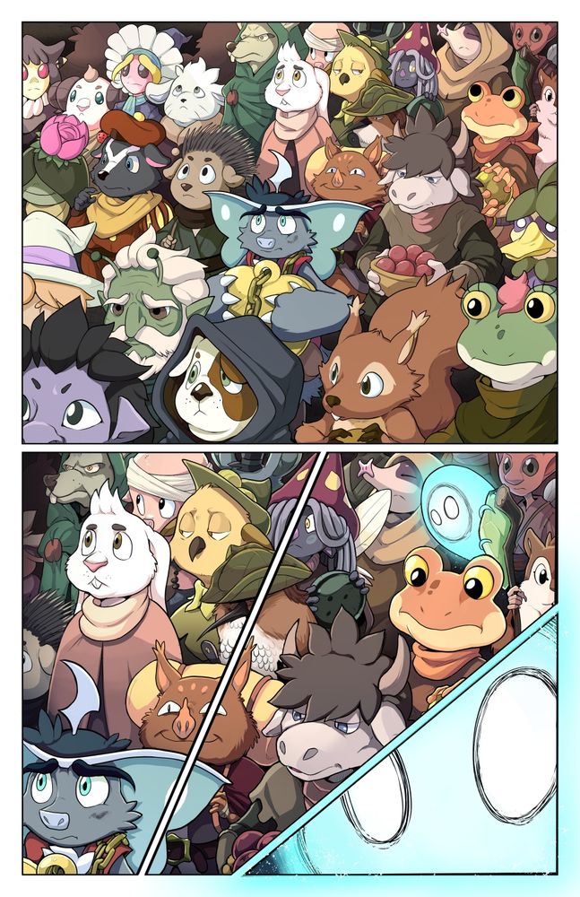 Page 13:

1 - Weetrill stands in a massive crowd of beasties (animal folk), Fey (fairy and bug folk), and weekin (small humanoid fey). Many of the people in the crowd are holding small items similar to the heart locket weetrill is carrying. They’re all facing the direction of the large tree where Magpie witchbird lives.

2 and 3 - the ‘camera’ has moved through the crowd to show the people standing behind weetrill in line. In Panel 2 everyone is still turned toward magpie’s tree and moving in that direction. in panel 3 a small, glowing  semi-transluscent blue spirit pops out of the crowd. it has large oval eyes and a cylindrical body that looks like a frock with a hood pulled over its head. The spirit is staring at weetrill.

4 - A closeup of the spirit’s staring eyes. it's glow is so bright it shines outside of the comic panel borders