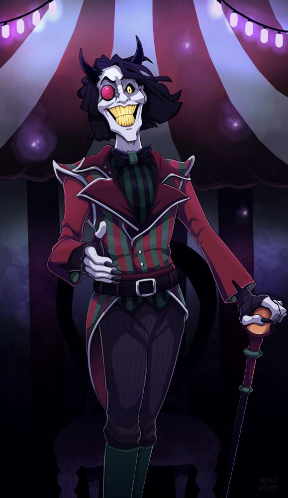A skeletal figure with wild hair and a too-wide yellow smile, a red monocle, a striped coat with big shoulders, and an orbed cane outstretches his hand. He is standing in a creepy circus tent.