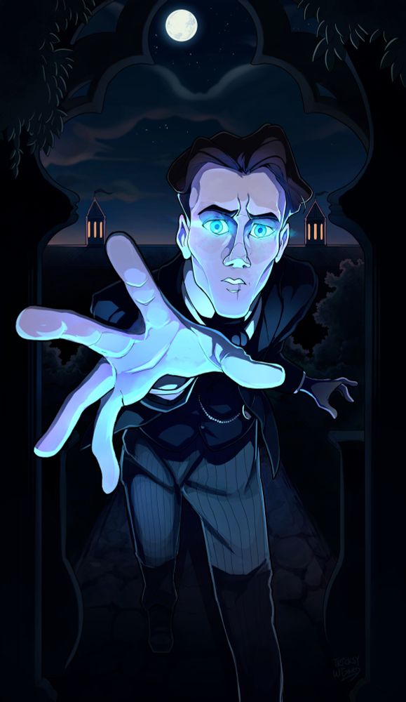 A pale man with glowing eyes in fancy victorian garb is in a dark courtyard. He's reaching outward toward something wondrous and unseen