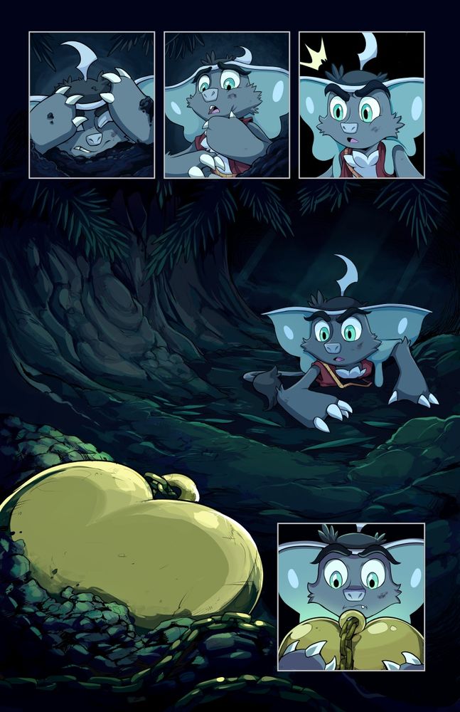 PAGE SEVEN: 

1, 2 - TWO SHOTS OF WEETRILL RECOVERING FROM HIS FALL. HE WINCES AND GRASPS HIS JAW

3 - WEETRILL FREEZES IN SURPRISE, NOTICING SOMETHING ACROSS THE FOREST CLEARING FROM HIM

4 - LARGE SHOT OF A GOLDEN HEART-SHAPED LOCKET. IT’S HUMAN-SIZED, WHICH MAKES IT ABOUT THE SIZE OF WEETRILL’S TORSO. THE LOCKET IS WEDGED INTO THE DIRT AND WEETRILL IS LAYING ON HIS BELLY IN THE BACKGROUND STARING AT IT

5 - CLOSEUP OF WEETRILL TAKING UP THE LOCKET IN BOTH HANDS AND STARING DOWN IN WONDER