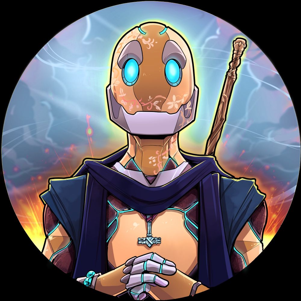 Bust-portrait of a warforged monk. Their chassis is brassy and decorated with floral patterns, and has accents of silver and dark, polished wood. They wear an open, flowing blue robe, and have a wooden quarterstaff across their back. 