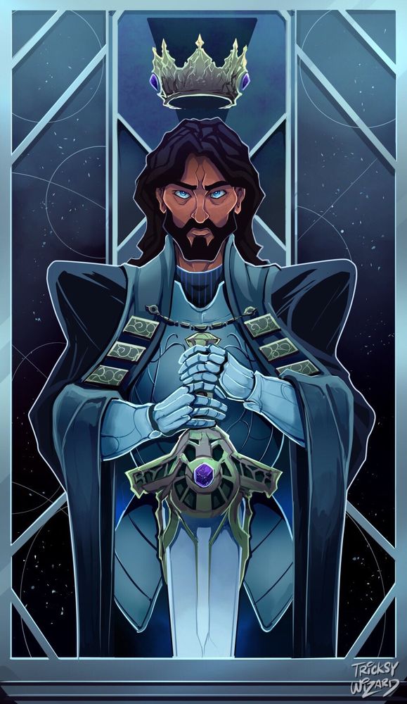 A man with a floating crown, dark brown hair and a beard, glowing blue eyes and medium brown skin is wearing blue armor and a cape and holding a large great-sword in front of a blue stained glass wall