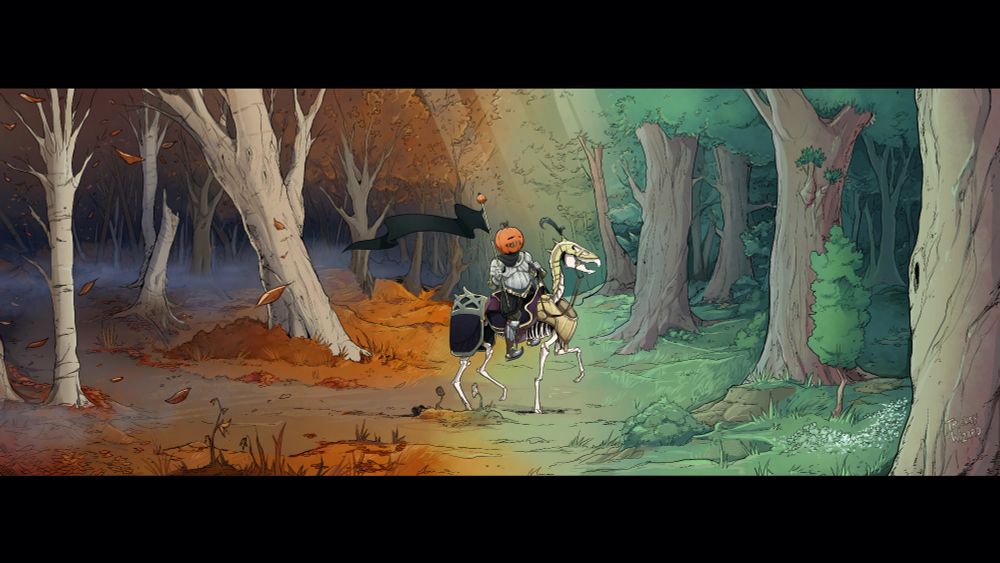 A pumkin headed knight rides a skeletal horse through a forest. The forest ahead of the knight is green and the forest behind is dying and autumnal, as though the knight is pulling autumn along behind it