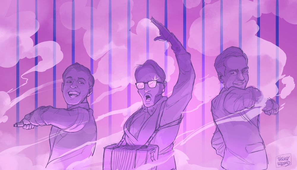 Fanart of the comedy trio band Kaj performing their song Bara Bada Bastu. All three are wearing suits and posing at the end of the song while surrounded by steam. Jakob and Kevin are on the left and right with their elbows up in regal, triumphant poses, holding their microphones. Axel is in the center, accordion strapped to him with one arm high in the air as he intones the final 'SAUNA!'
