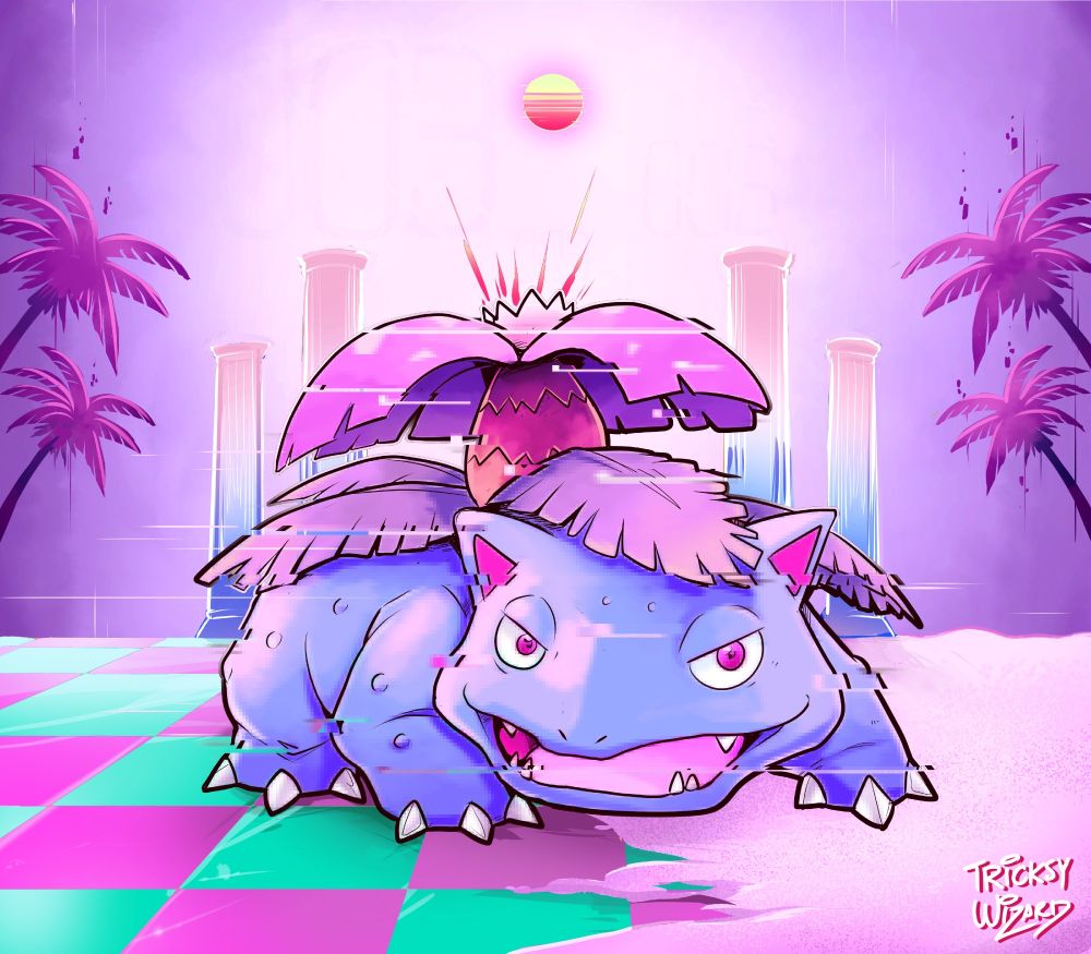A vaporwave-style Venusaur in a pink glowing room with palm trees, light pillars, and a checkerboard floor. There is a small horizontally banded sun behind it