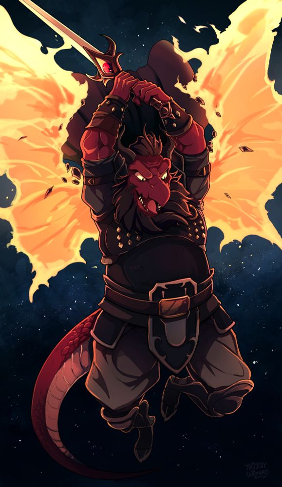 A bearded red dragon warrior wearing armor and swinging a greatsword. He has wings made of flames, and he's flying in a starry sky.