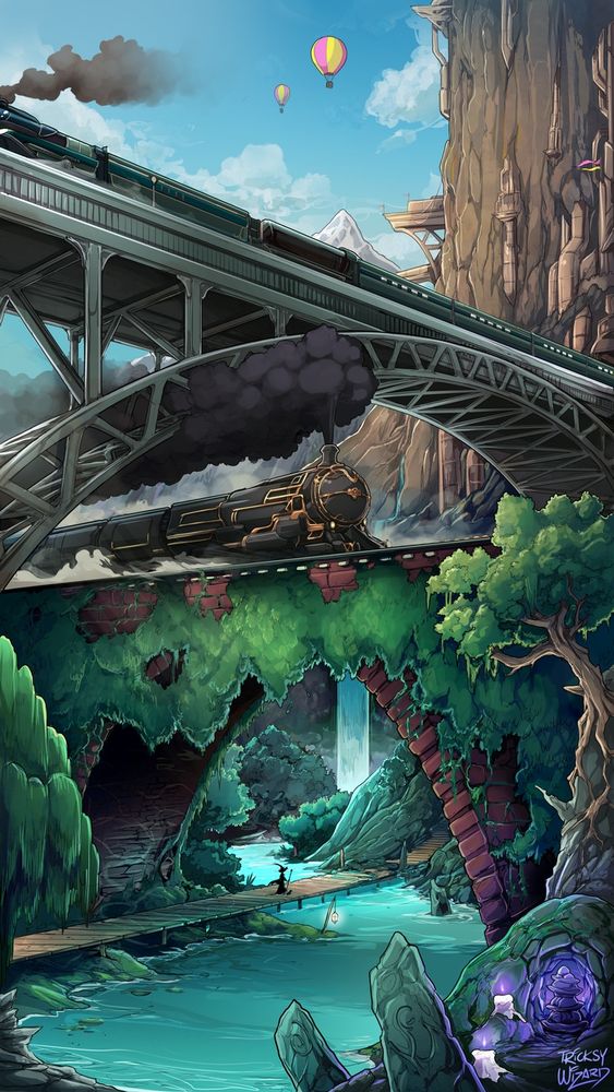 Three tiers of architecture built overtop each other. The bottom layer is a low footbridge over a river. There is a shrine by the water and a witch walking on the bridge. The middle layer is a brick bridge with hanging ivy. A black and gold steam engine is puffing along it. The top layer is a metal bridge with a modern train. There are hot air balloons in the sky above.