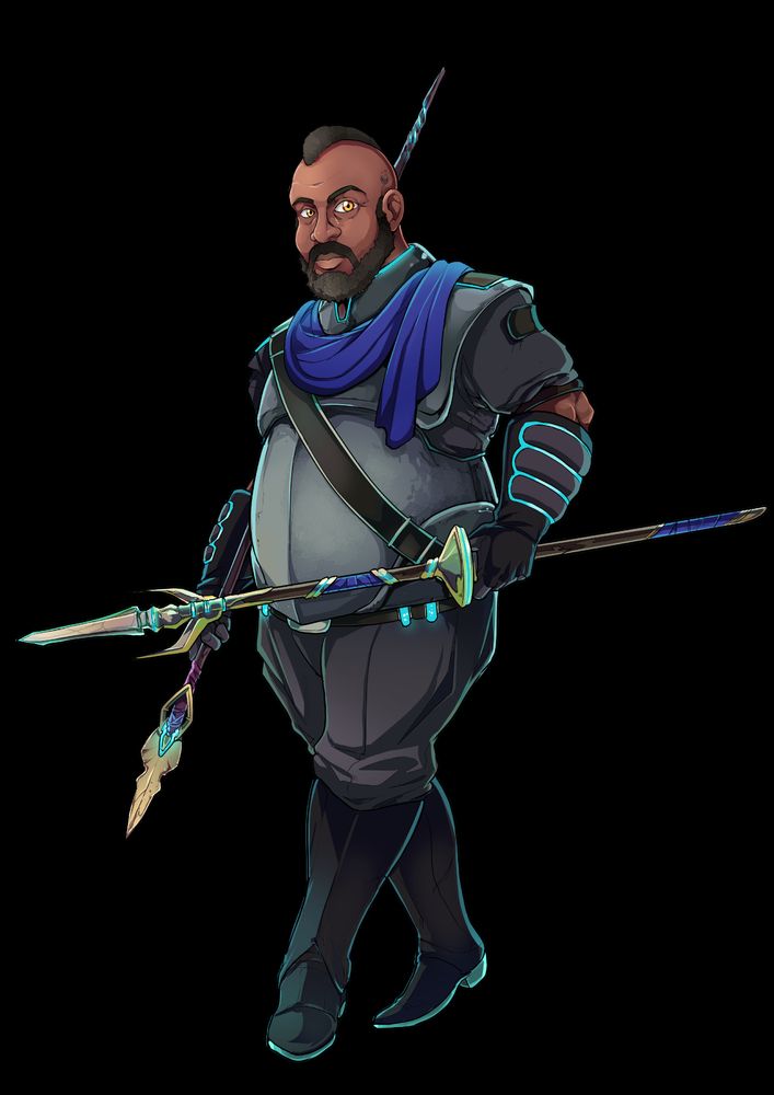 A knight wielding two magitech spears. He has dark skin, black hair with shaved sides, and a black beard. He wears armor and a blue shoulder cape.