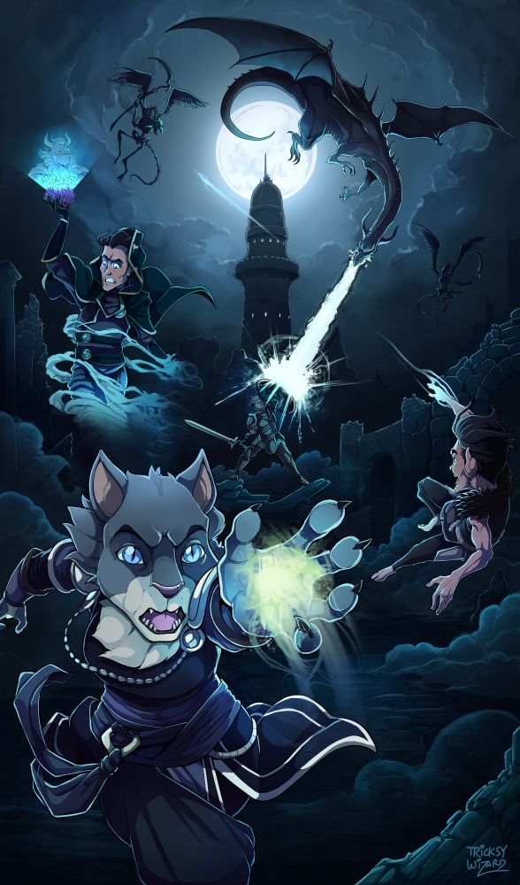 An action shot set in a ruined city, depicting a Dungeons & Dragons party running from a pursuing dragon and a pair of skeletal vulture-like creatures wielding scythes. In the foreground, a tabaxi spellcaster sprints toward the viewer, her hand outstretched, wreathed in arcane energy. In the midground, a Gnomish man leaps backward while tossing a ghostly dagger toward a pursuing enemy, while a human sorcerer in gold-trimmed green robes is turning himself into mist while trying to protect a stolen treasure. In the background, a man in heavy armor raises his shield against the dragon's ghostly breath attack.