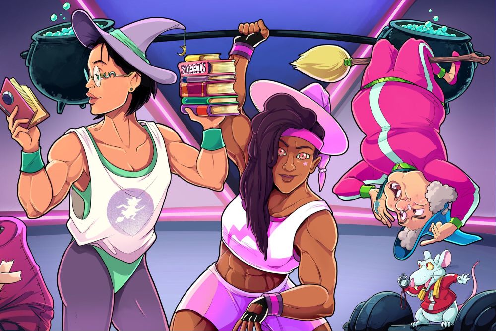 Two muscular witches in 1980s style workout gear lift weights or heavy stacks of recipe books. The third witch is hanging upside down from her broom shouting at the other two while a rat familiar coach cheers everyone on