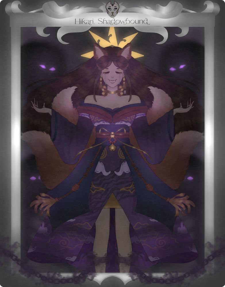 A picture of a kitsune pathfinder character surrounded by shadows and a seven pointed crown'halo thing.