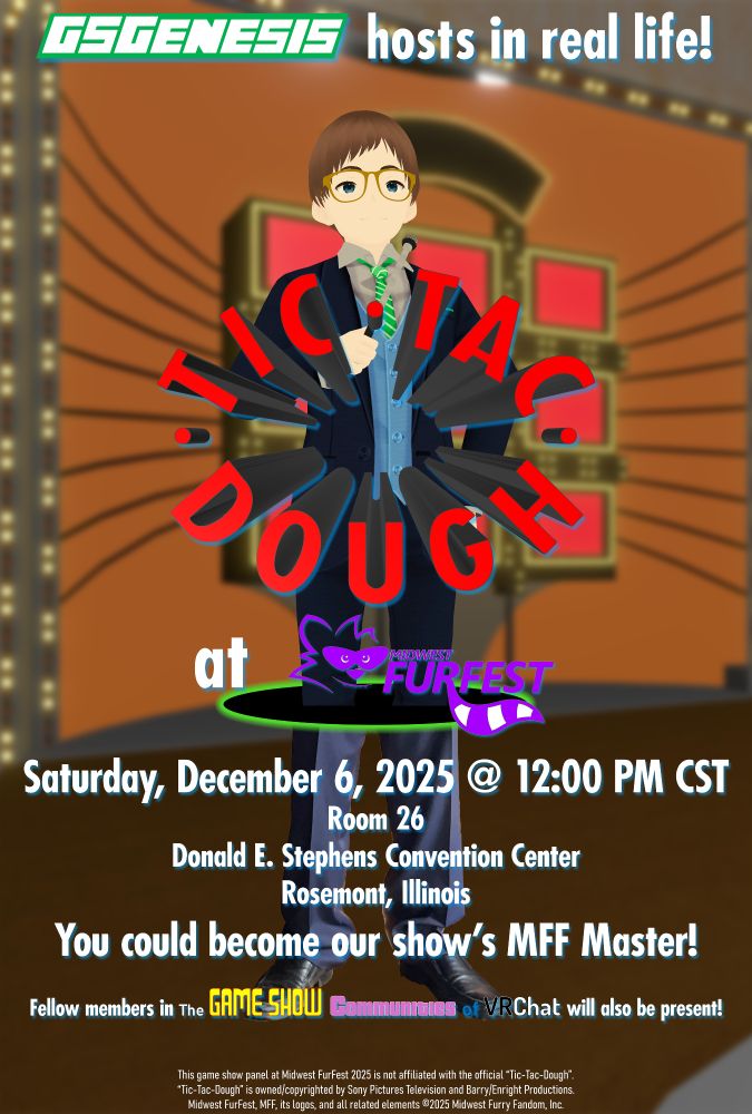 Promotional poster for the "Tic-Tac-Dough at MFF" panel hosted by GSGenesis on December 6, 2025 at noon CST at Midwest FurFest.