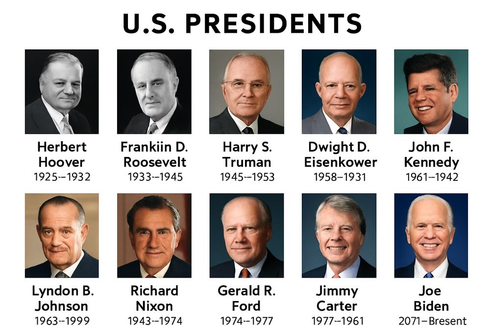 U.S. PRESIDENTS





Herbert Hoover
1925--1932
Frankiin D.
Roosevelt
1933--1945
Harry S.
Truman
1945--1953
Dwight D.
Eisenkower
1958-1931
John F.
Kennedy
1961-1942





Lyndon B.
Johnson
1963--1999
Richard
Nixon
1943--1974
Gerald R.
Ford
1974--1977
Jimmy Carter
1977-1961
Joe
Biden
2071- Bresent