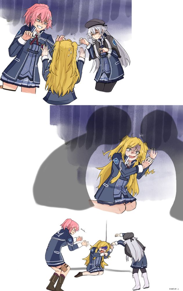 One of Dolce's biggest weaknesses is being tickled, so odds are this is what she was running from.

Art by @appelsider