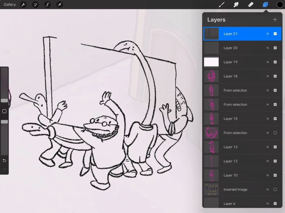 A large board being carried by five characters, with a conspicuously empty spot on the top left