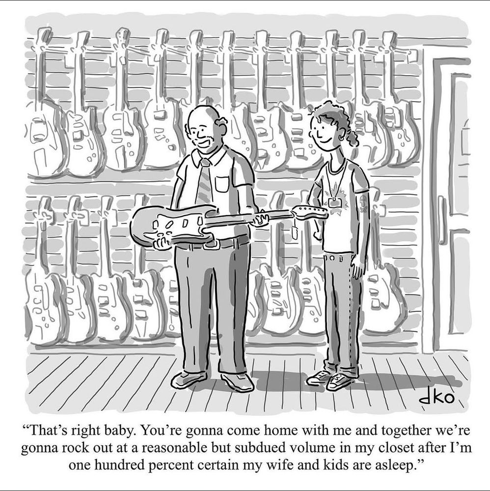 New Yorker style cartoon showing a middle aged bald man looking like he just got off work. He's holding a guitar lovingly while a much younger guy stands to the side smiling (sales guy). There are guitars hanging on wall in back. The caption reads 