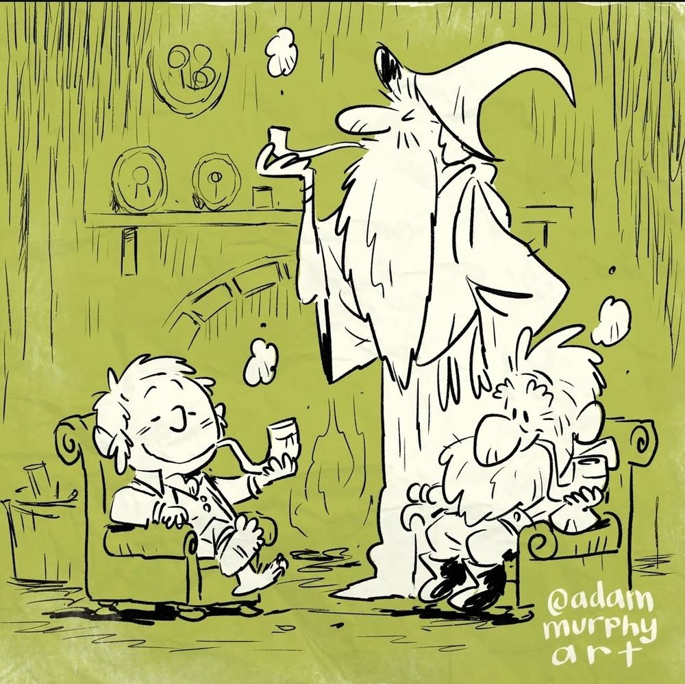 One last one. Back home again. Bilbo and Barlin sit in chairs by the hearth and Gandalf stands behind them. They're all happily puffing their pipes.
