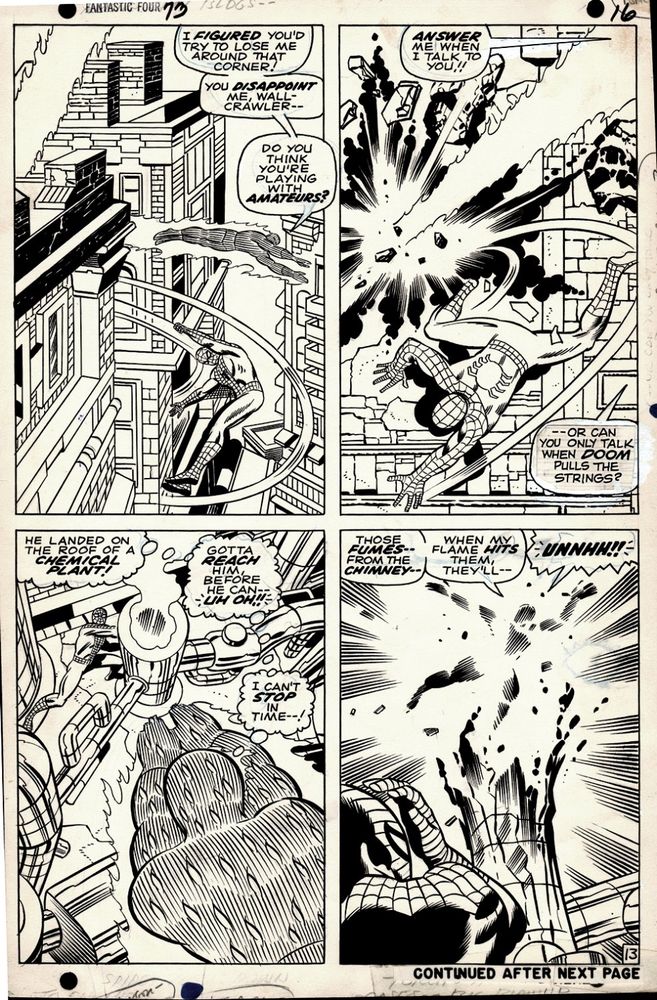 SILVER AGE 1967 HUMAN TORCH / SPIDER-MAN battle page, which was penciled by the great Jack Kirby, and inked by the great Joe Sinnott, from the story titled: "The Flames of Battle --!" The Human Torch goes after Spider-Man IN EVERY PANEL HERE, With the Human Torch thinking the web-slinger is a robot created by Dr. Doom! Little does the Torch realize, Spidey has joined with Thor in trying to help Daredevil, who the FF believe has been inhabited by Doom. This action-packed Spider-Man page is just a super RARE time that Jack Kirby drew SPIDER-MAN battling in a published Silver Age story, created in ink over graphite on 11" x 16" Bristol board!