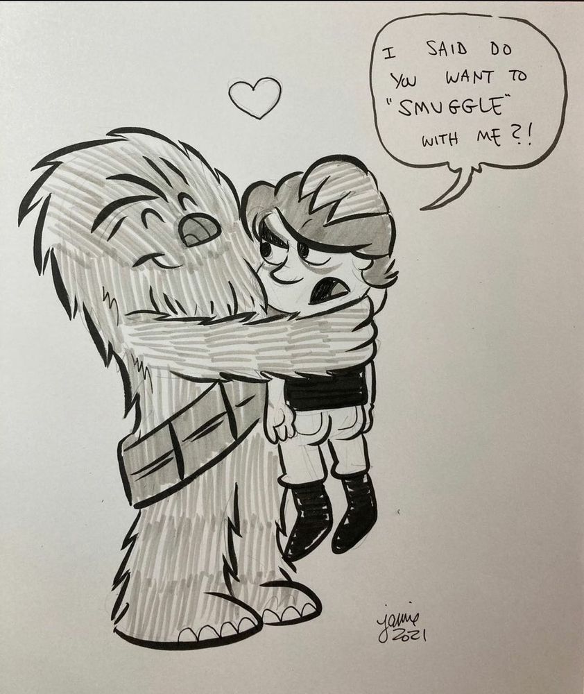 Cartoon of a very cute Chewbacca holding up a small Han and hugging him. Chewie has a happy expression and there's a little heart in the air. Han is limply accepting his fate while saying via word balloon: I SAID DO YOU WANT TO 