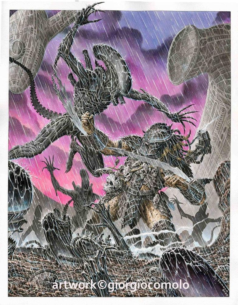 color artwork or Alien v Predator. Rain coming down while fighting. at bottom is "artwork c giorgiocomolo"