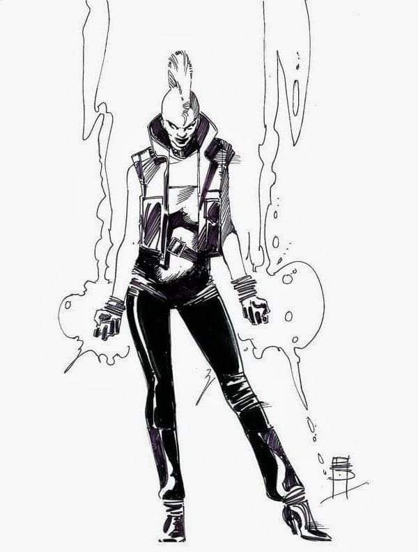 Black and white drawing of X-Men's Mohawk Storm by Bill Sienkiewicz. 