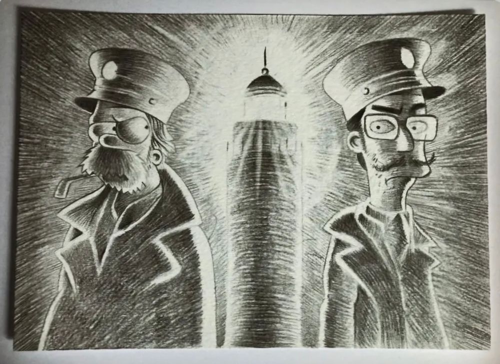 Black and white drawing of Simpsonsized Lighthouse. Homer and Frank Grimes. 