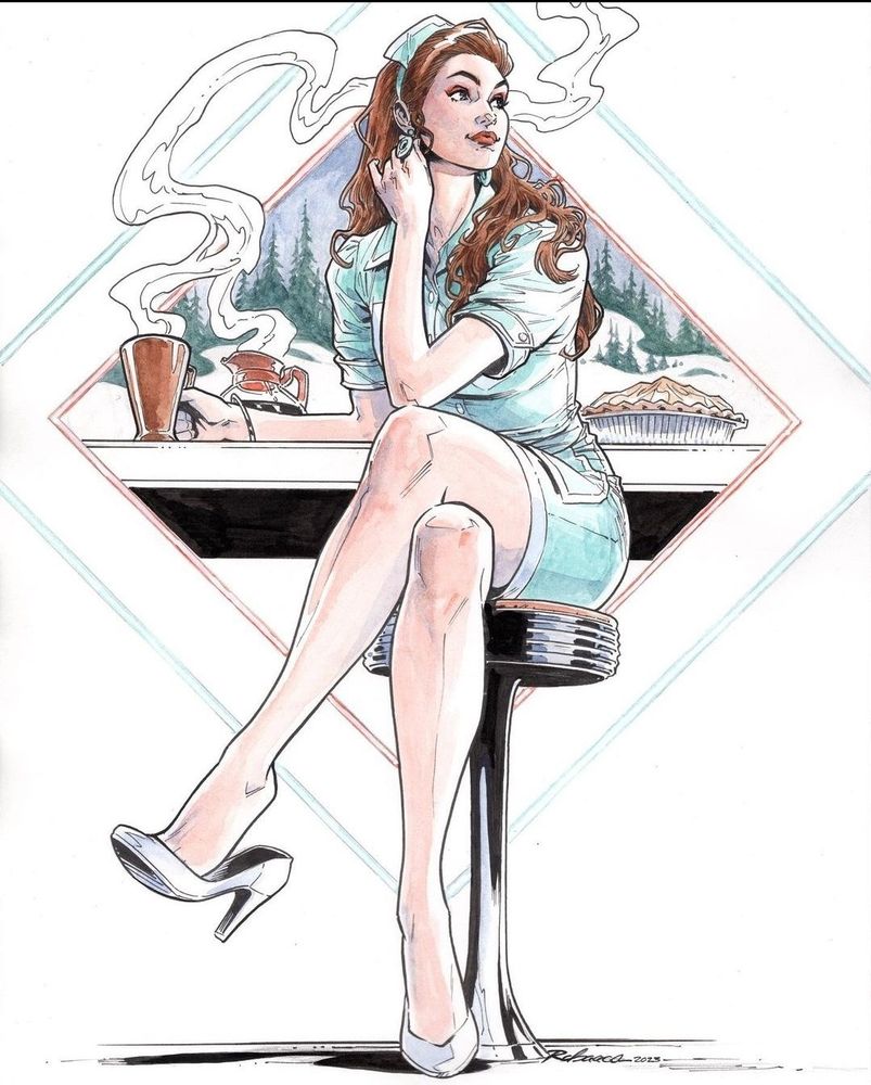 Color illustration of Shelly from Twin Peaks in uniform at diner sitting on stool with legs crossed. She's having a cup of coffee and I'm sure it's damn fine. 