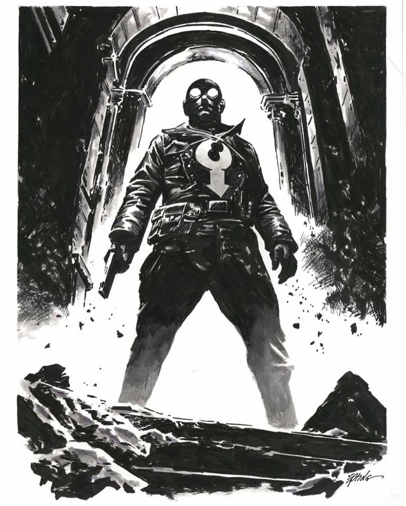 Black and white illustration of Mignolaverse character Lobster Johnson. 