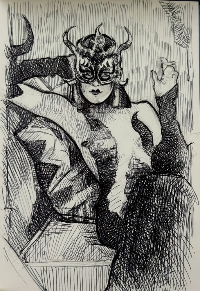 Lovely drawing of a sultry woman in recline on a couch or something. She wears a mask. Lovely hatching. 